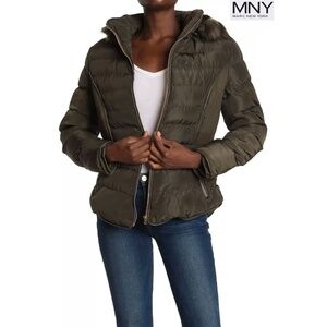 ANDREW MARC NWT QUILTED FAUX FUR HOODED SHORT OLIVE PUFFER JACKET. SIZE L